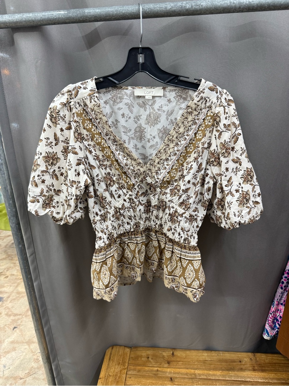 LOFT Cream and Brown Floral Smocked Peplum Top